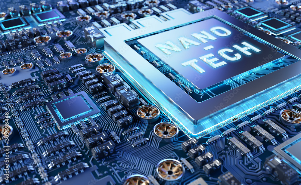 Close-up view on a nanotechnology electronic system 3D rendering