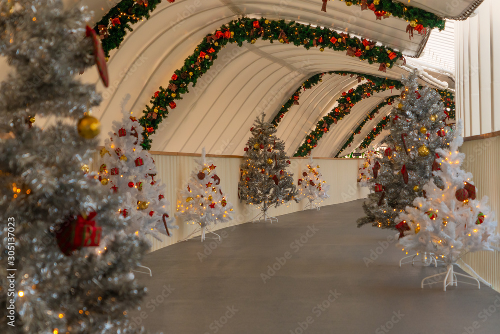 Christmas tree decoration along walkway in city center in Christmas festival of December 2019.