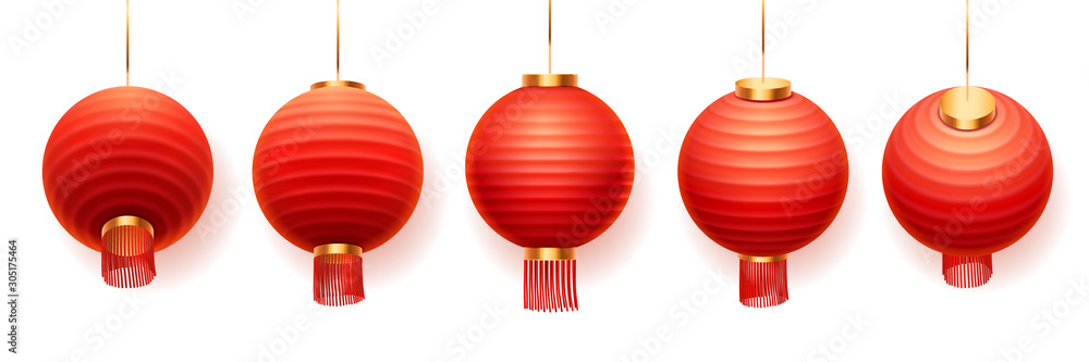 Chinese lanterns or red paper lights in different views, vector isolated on white background. Chines