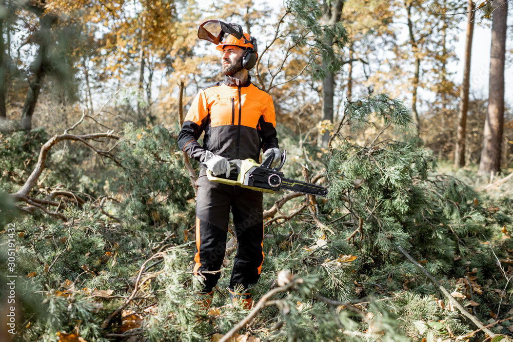 Full length portrait of a professional lumberman in protective workwear logging with chainsaw in the