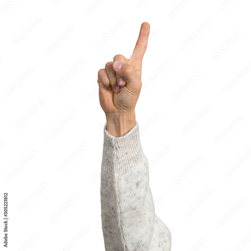 Man hand in white sweater showing finger pointing