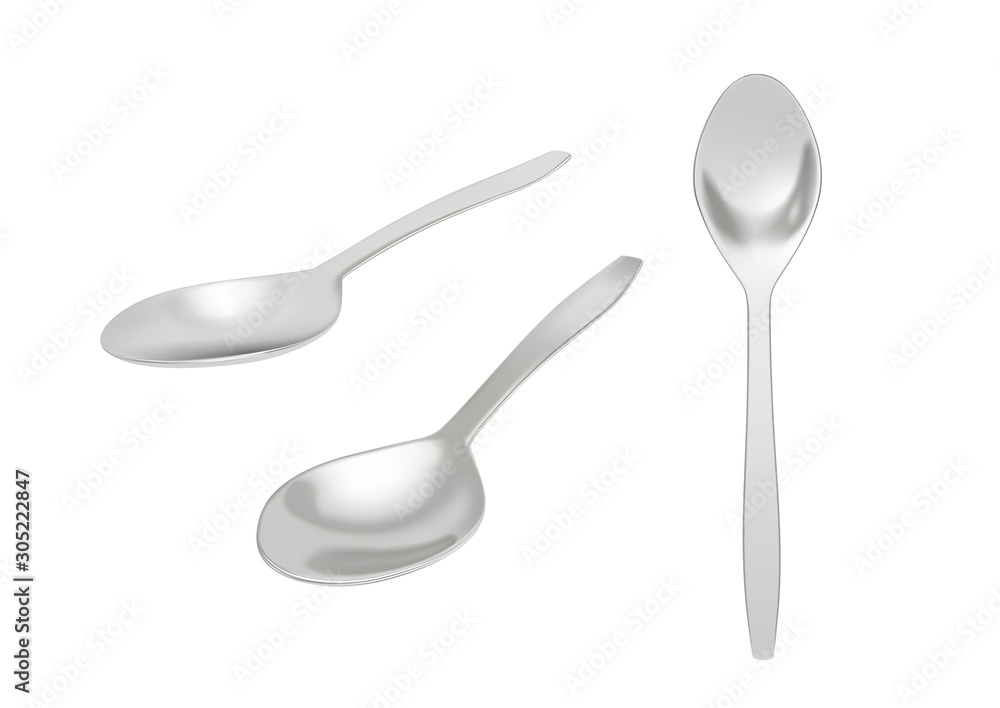 Set of metal spoons in different angles, on a white background. Kitchenware for liquid food.