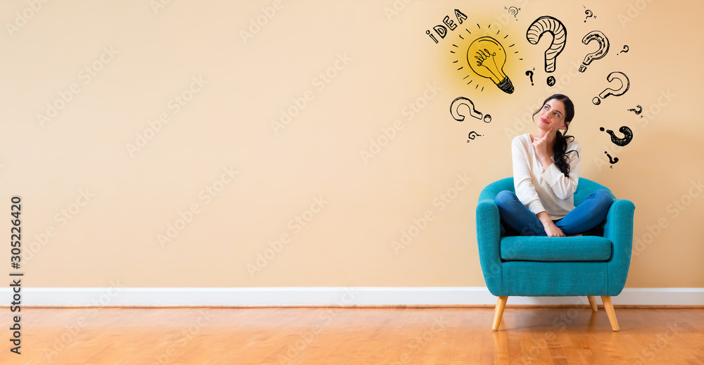 Idea light bulbs and question marks with woman in a thoughtful pose in a chair