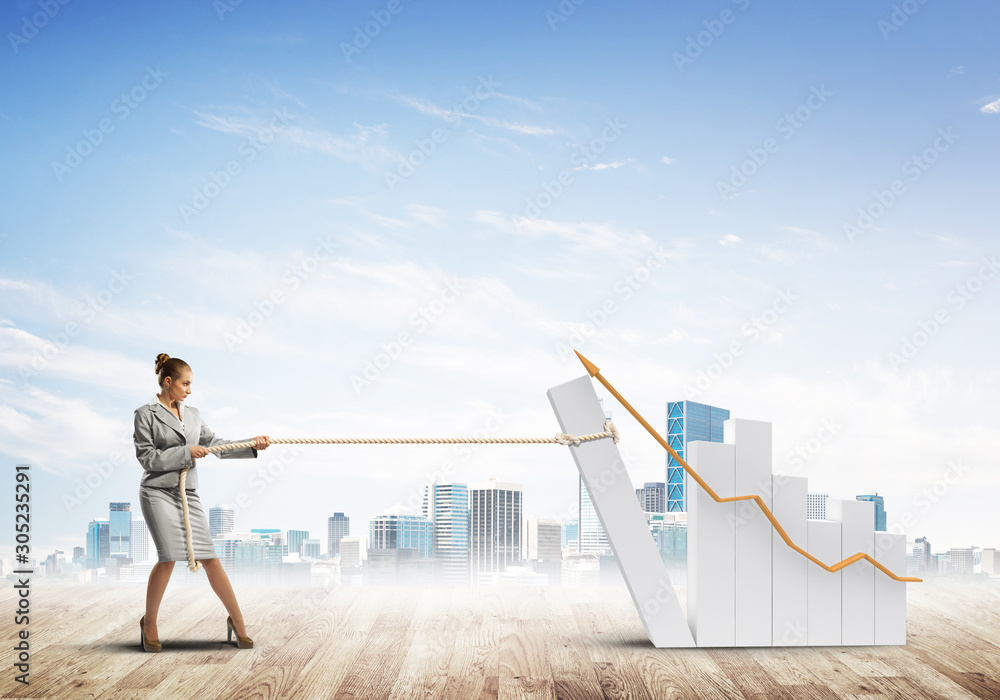 Businesswoman pulling graph with rope as concept of power and control