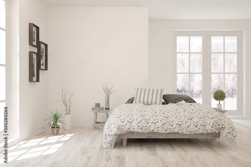 Stylish bedroom in white color. Scandinavian interior design. 3D illustration