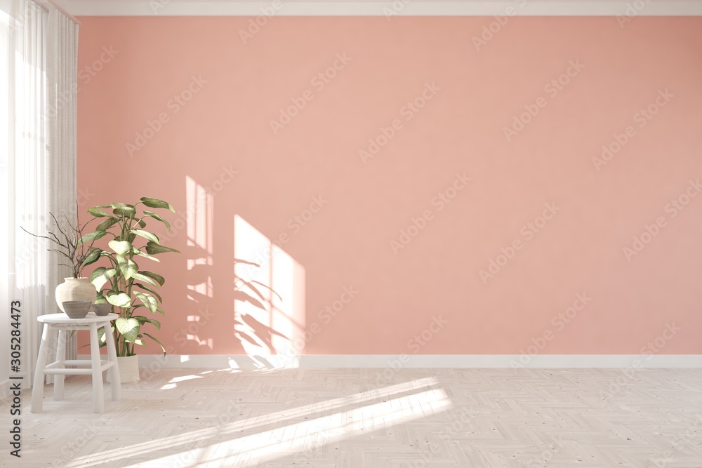 Empty room in pink color. Scandinavian interior design. 3D illustration