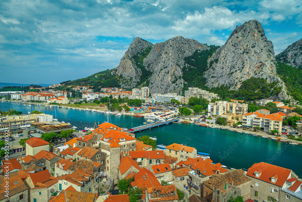 Aerial Omis cityscape with gorge and Cetina river, Dalmatia, Croatia