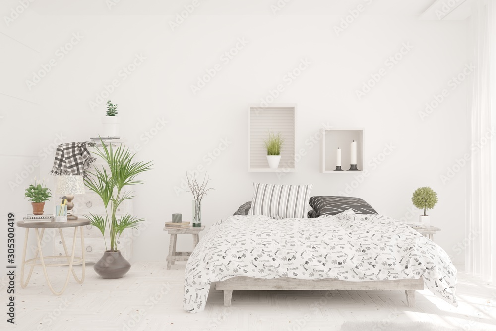 Stylish bedroom in white color. Scandinavian interior design. 3D illustration