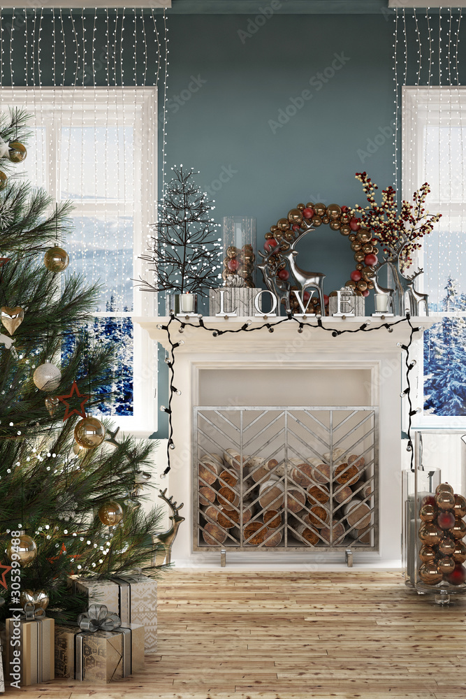 New year tree in scandinavian style interior with christmas decoration