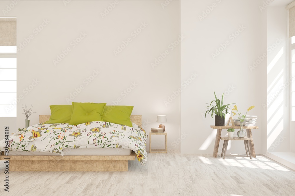 Stylish bedroom in white color. Scandinavian interior design. 3D illustration