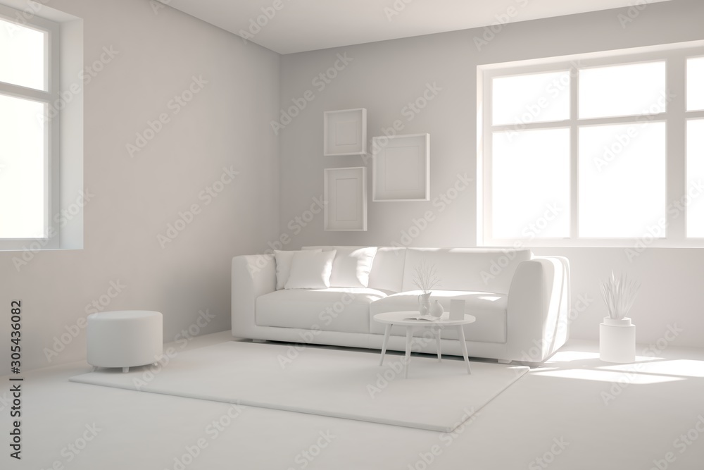 Mock up of stylish room in white color with sofa. Scandinavian interior design. 3D illustration