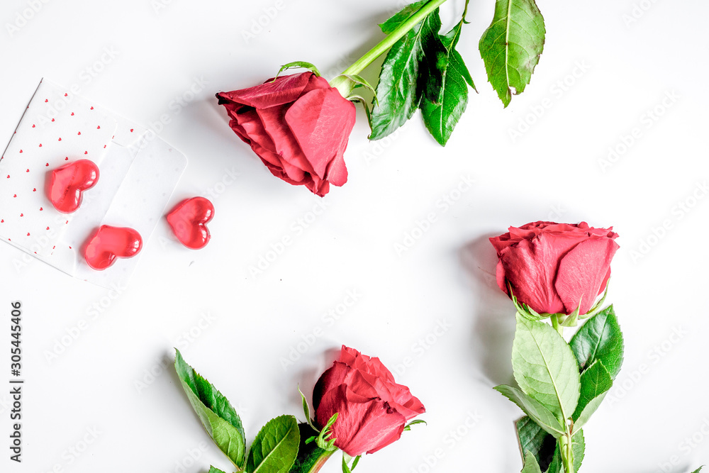 concept Valentines Day with flower white background top view