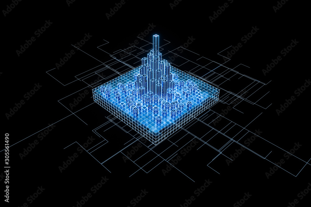 Cubes and lines with dark background, 3d rendering.