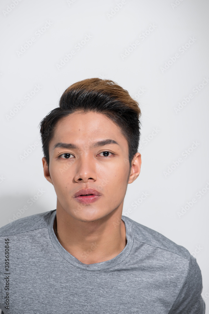 Close up portrait asian handsome man wearing tshirt.