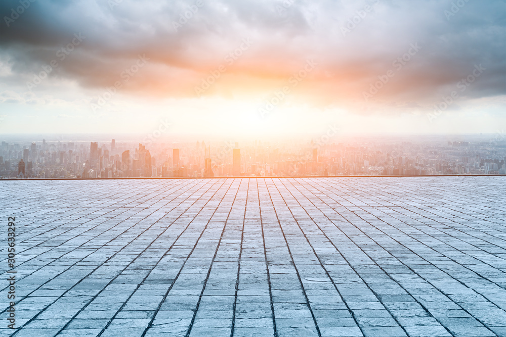 Empty floor and city skyline with beautiful clouds scenery in Shanghai at sunset.high angle view.