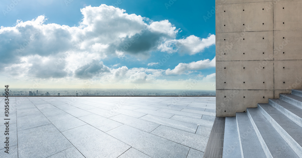 Empty floor and city skyline with beautiful clouds scenery in Shanghai.high angle view.