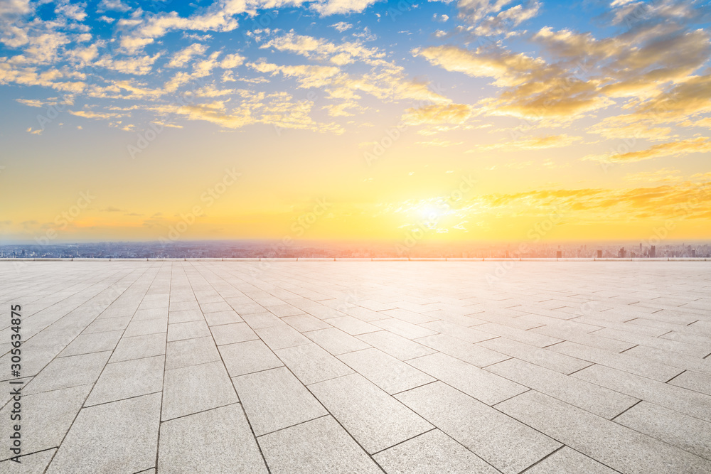 Empty floor and city skyline with beautiful clouds scenery in Shanghai at sunset.high angle view.