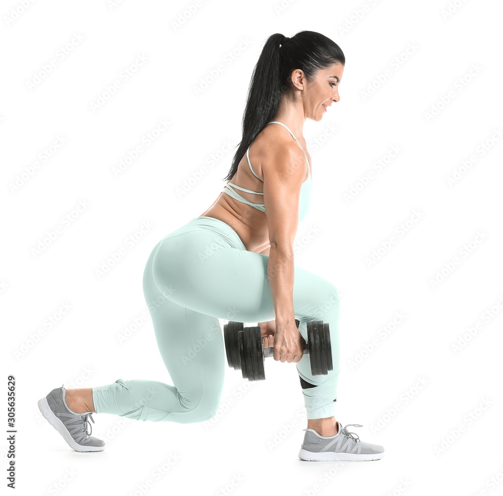 Sporty muscular woman with dumbbells isolated on white