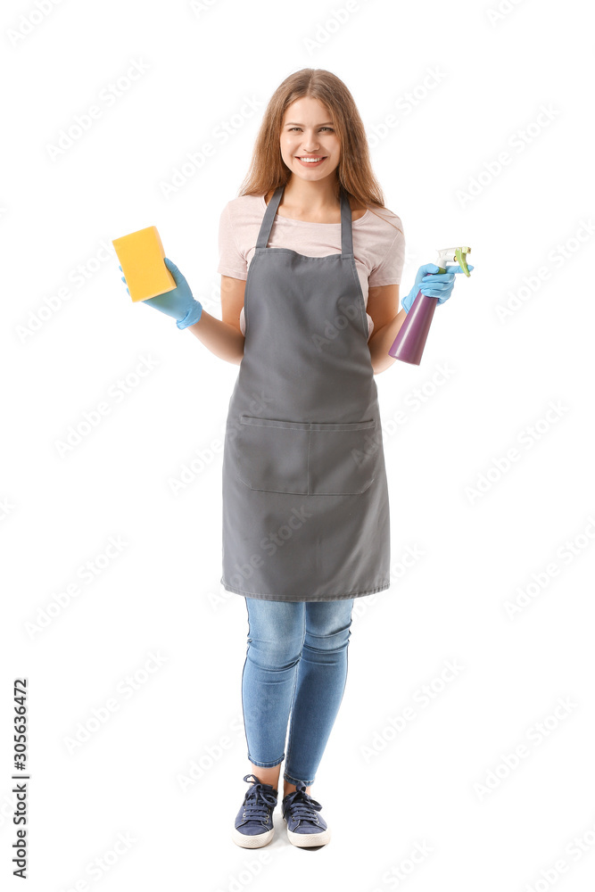 Female janitor on white background