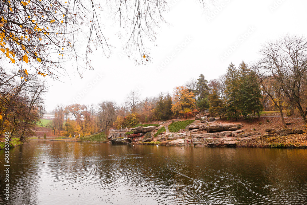 View of beautiful pond in autumn park