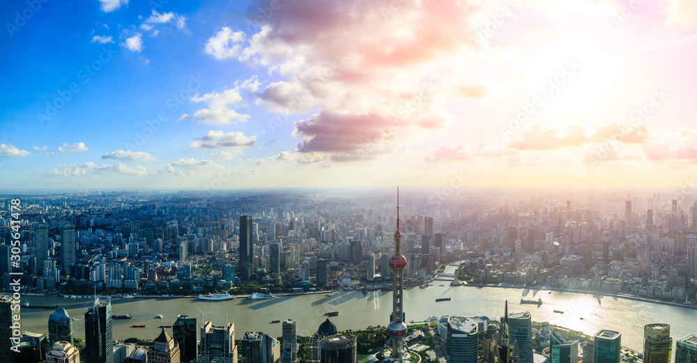 Aerial panoramic view of Shanghai skyline at sunset,China.