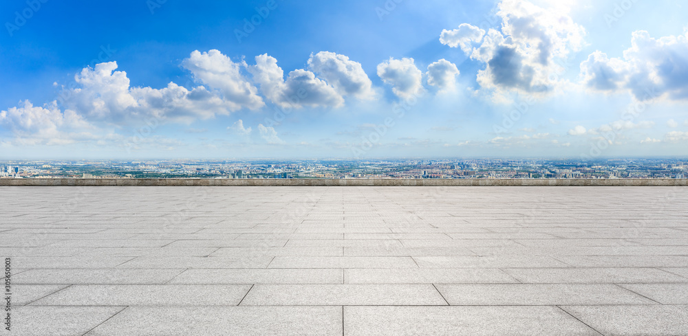 Empty floor and city skyline with beautiful clouds scenery in Shanghai.high angle view.