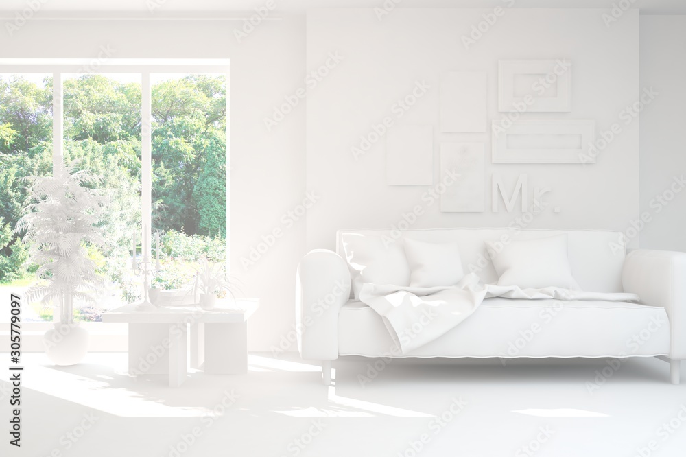 Mock up of stylish room in white color with sofa and green landscape in window. Scandinavian interio