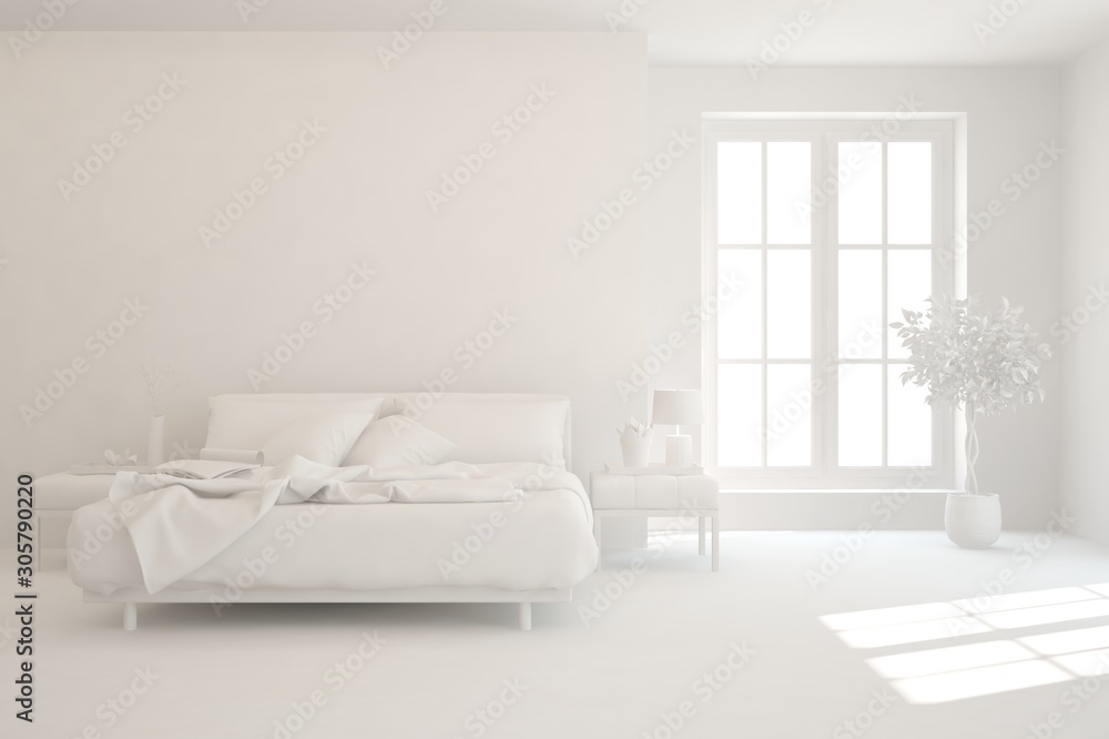 Modern bedroom in white color. Scandinavian interior design. 3D illustration