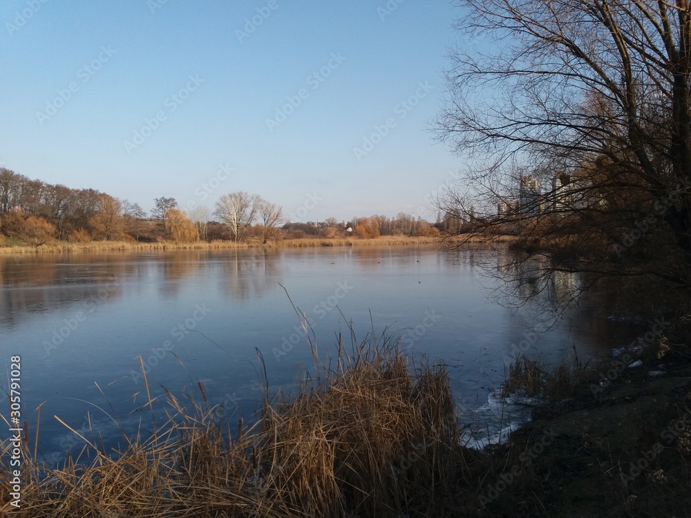 秋天的湖。风景。水。自然