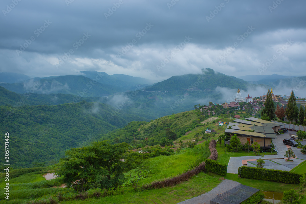 Natural high angle views of mountains, fog and forests in the winter morning of the province. Phetch