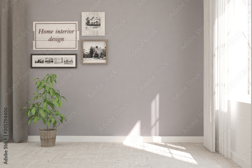 Empty room in white color with home plant and pictures on a wall. Scandinavian interior design. 3D i