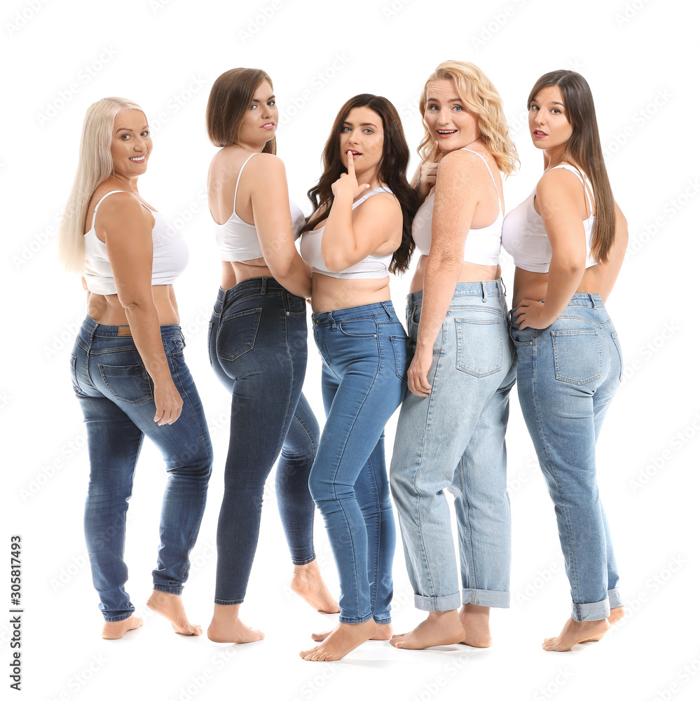 Group of body positive women on white background