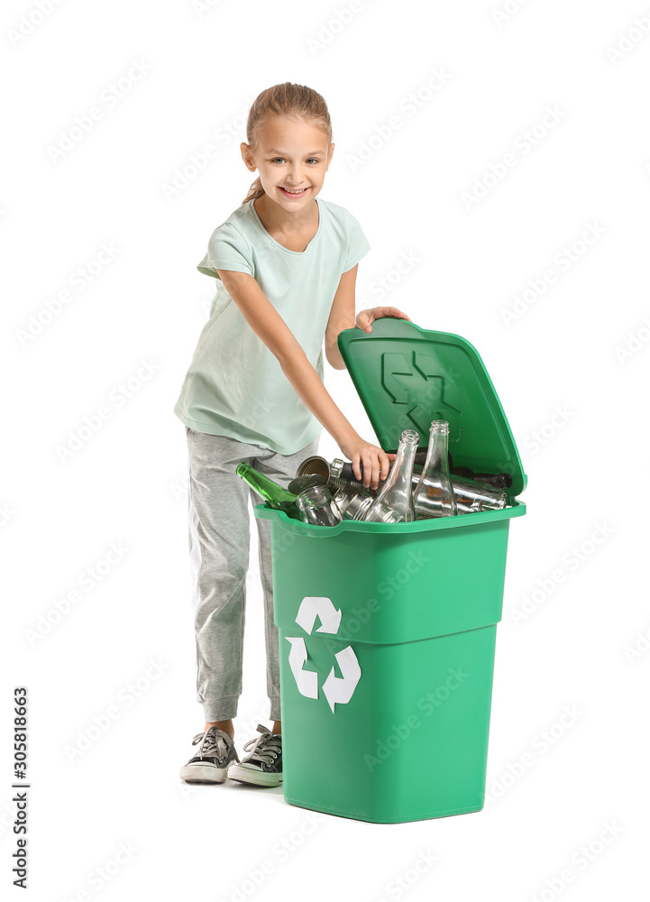 Little girl and container with trash on white background. Concept of recycling