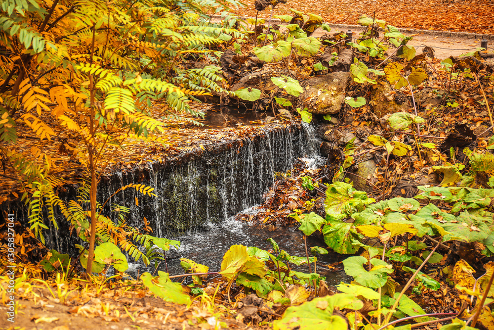 View of beautiful small waterfall in autumn park