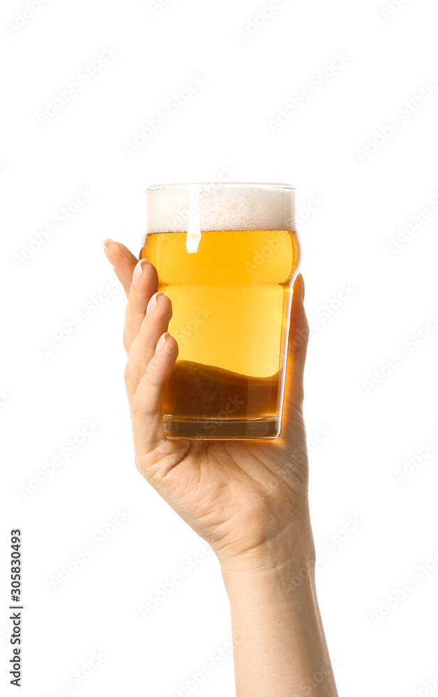 Hand with glass of beer on white background