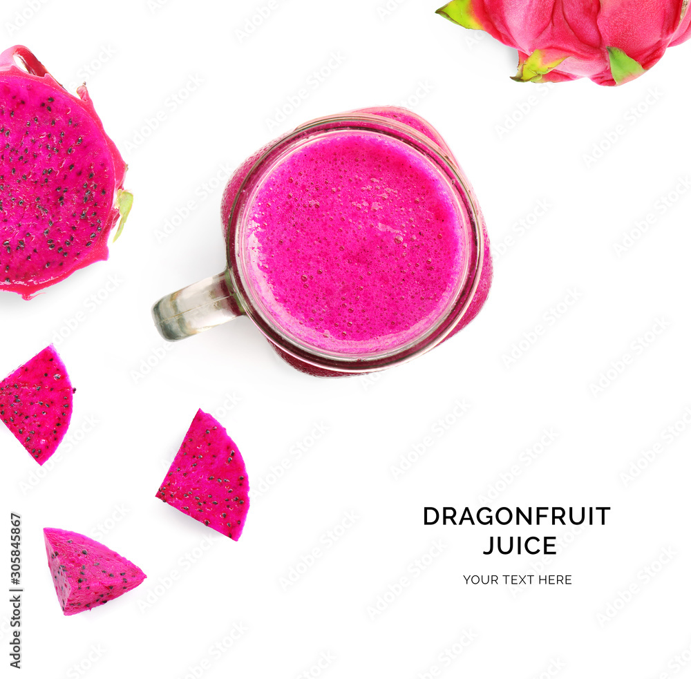 Creative layout made of dragonfruit juice on the white background. Flat lay. Food concept. Macro con