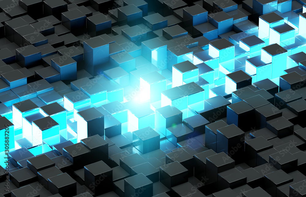 Glowing black and blue squares background pattern 3D rendering