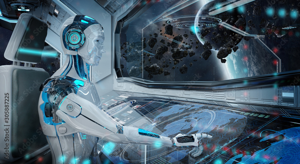 Robot in a control room flying a white modern spaceship with window view on space 3D rendering