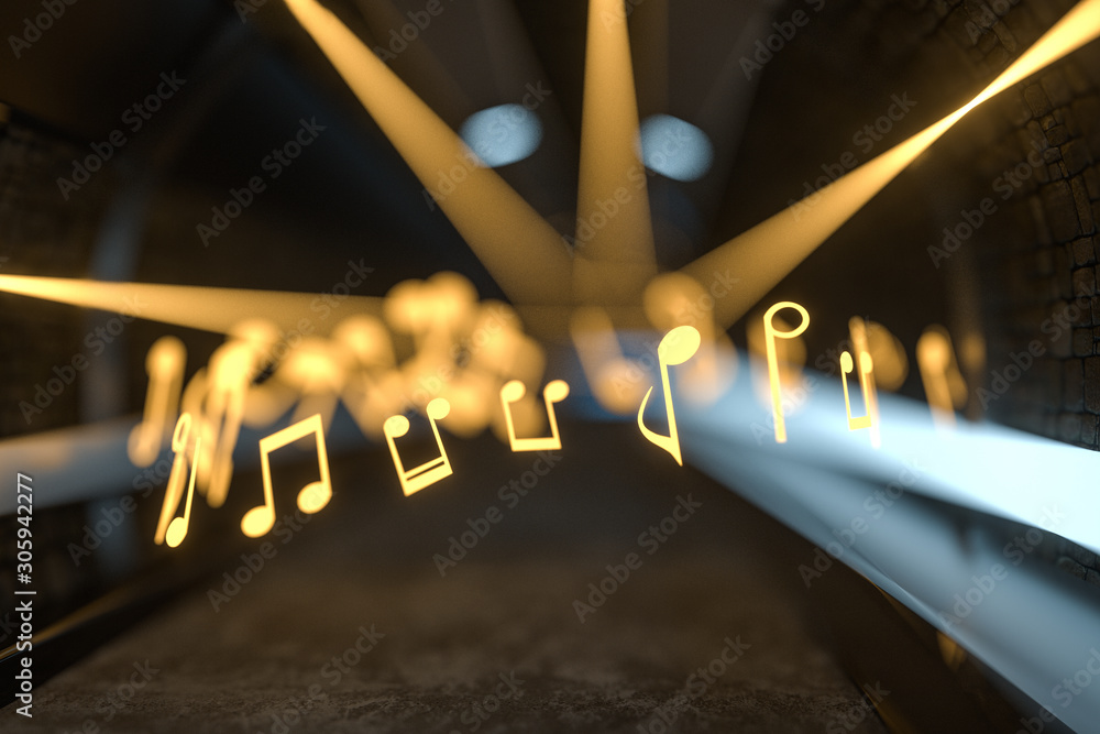 Music notes with dark background, floating notes, 3d rendering.