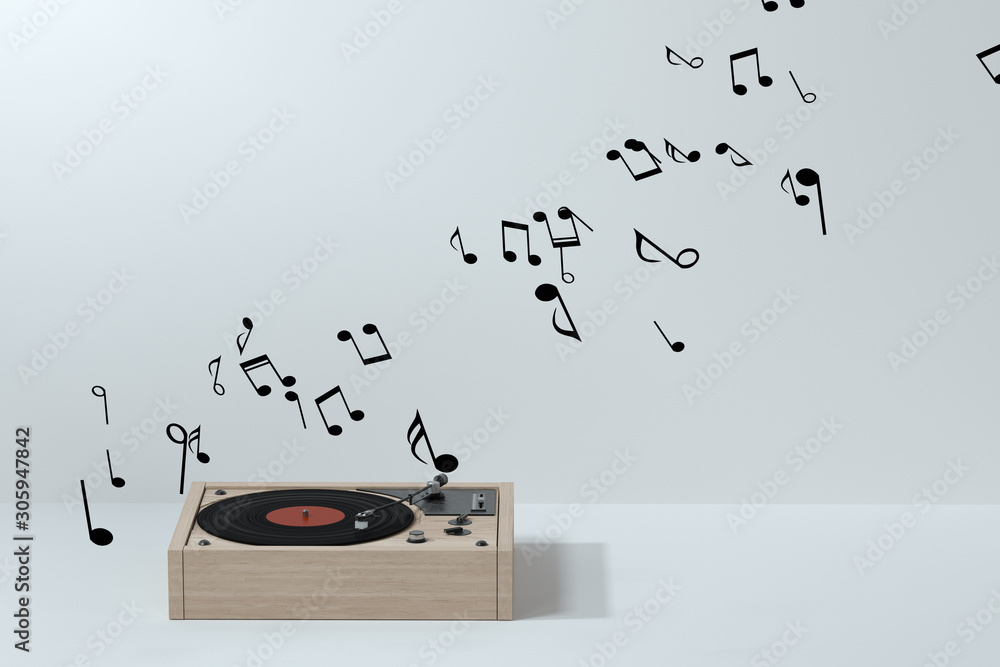 Phonograph with white background, plays music, 3d rendering.