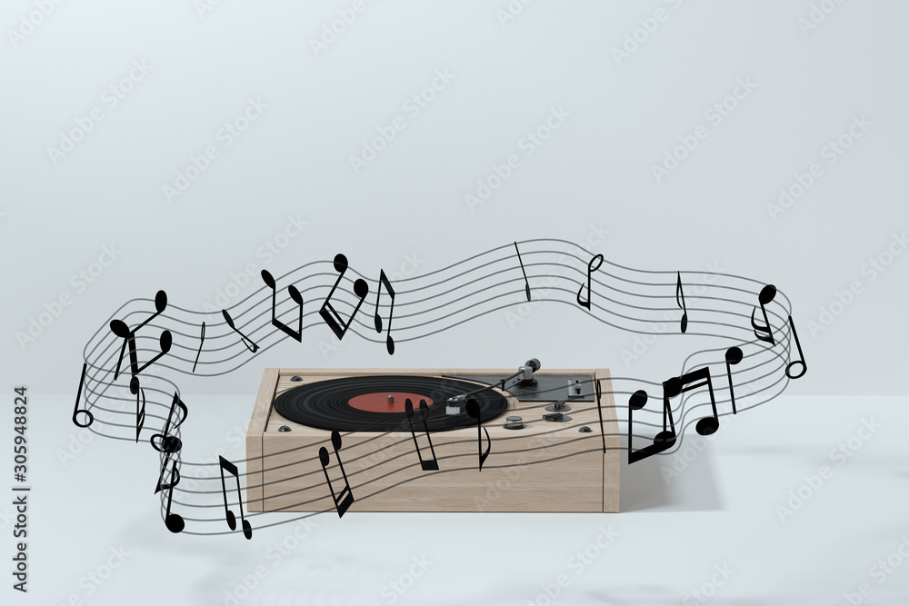 Phonograph with white background, plays music, 3d rendering.