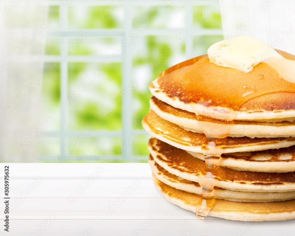 Stack of delicious pancakes, homemade breakfast concept