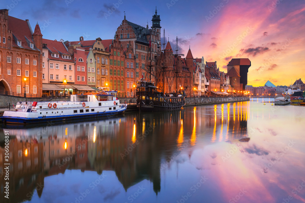 Gdansk with beautiful old town over Motlawa river at sunrise, Poland.