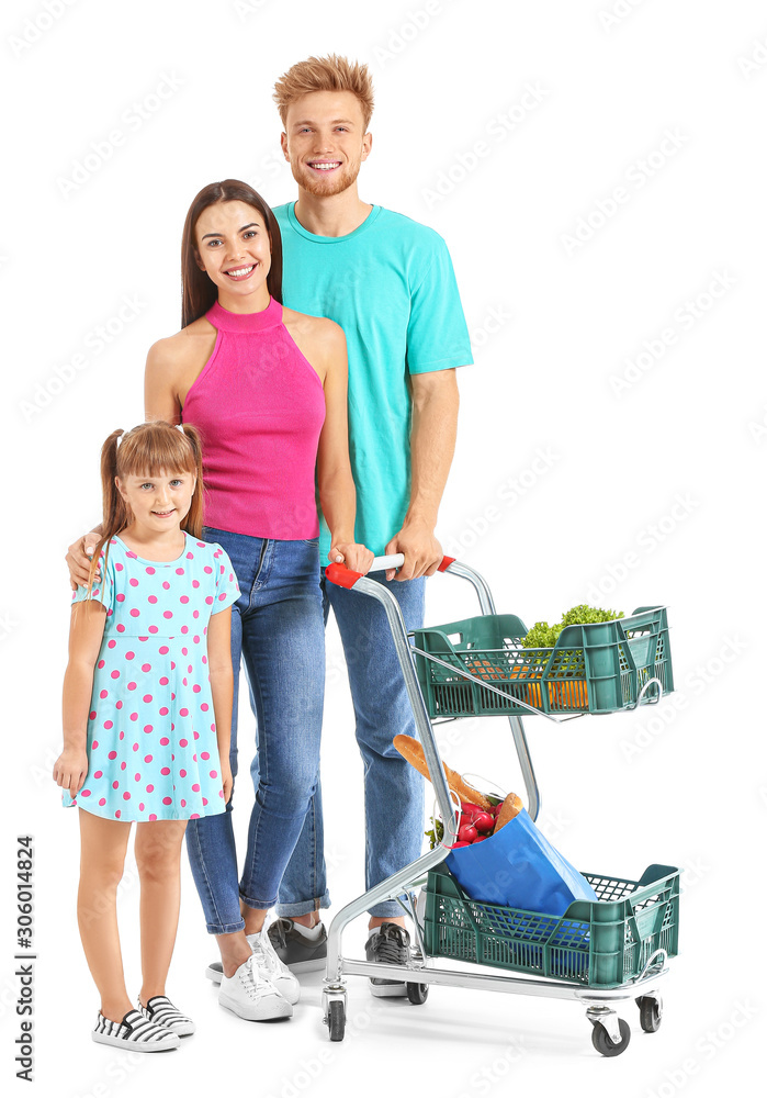 Family with shopping cart on white background