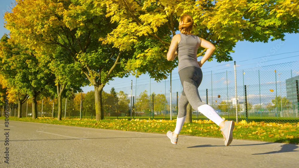 COPY SPACE: Cinematic shot of woman jogging down the scenic fall colored avenue.