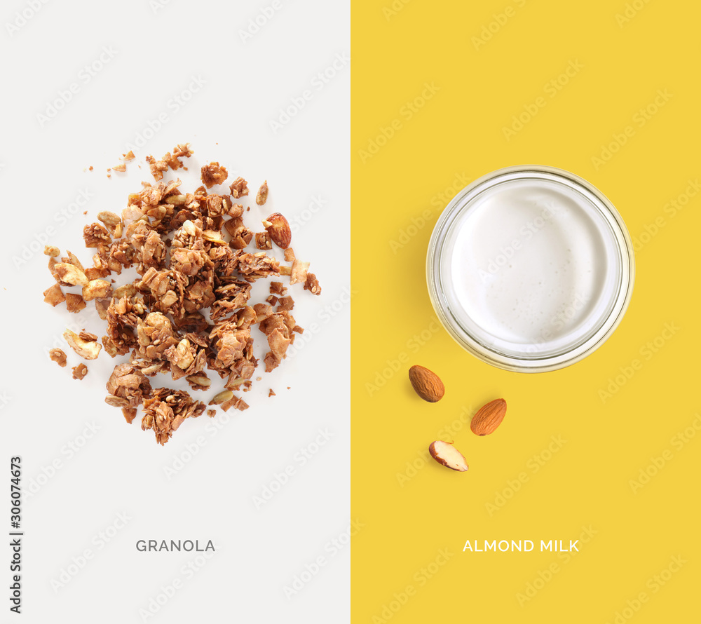 Creative layout made of granola and almond milk. Flat lay. Food concept. Macro concept.