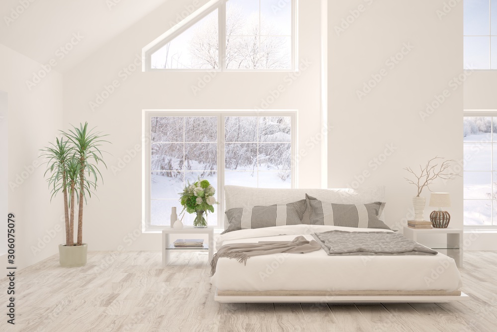 Stylish bedroom in white color with winter landscape in window. Scandinavian interior design. 3D ill