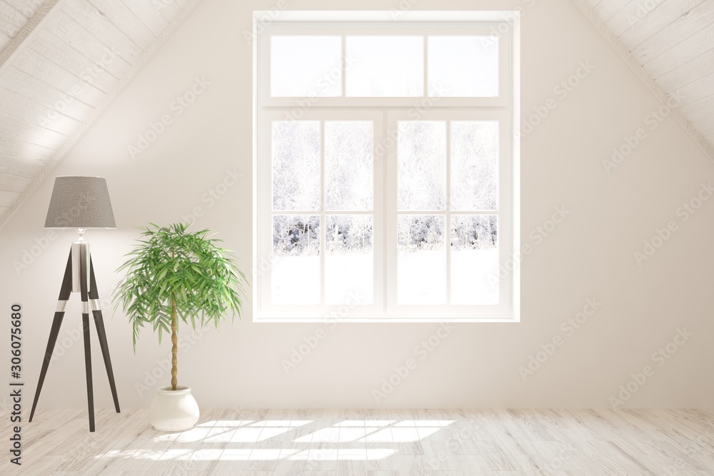 Mock up of empty room in white color with winter landscape in window. Scandinavian interior design. 