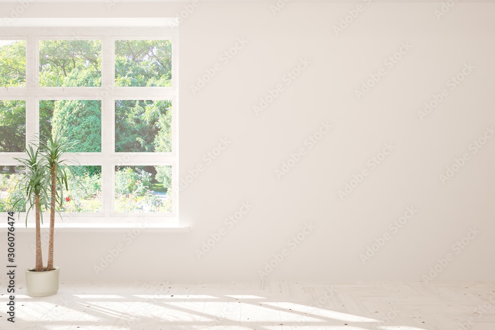 Stylish empty room in white color with summer landscape in window. Scandinavian interior design. 3D 