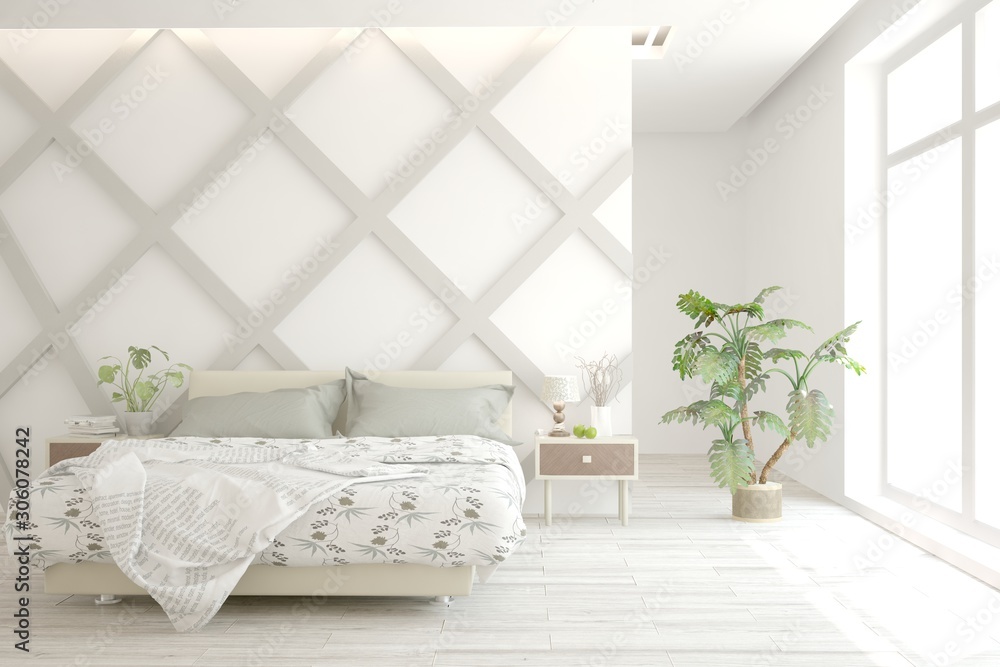 Stylish bedroom in white color. Scandinavian interior design. 3D illustration